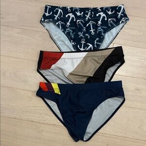 Set of Three Men's Swim Briefs with Nautical and Color Block Designs